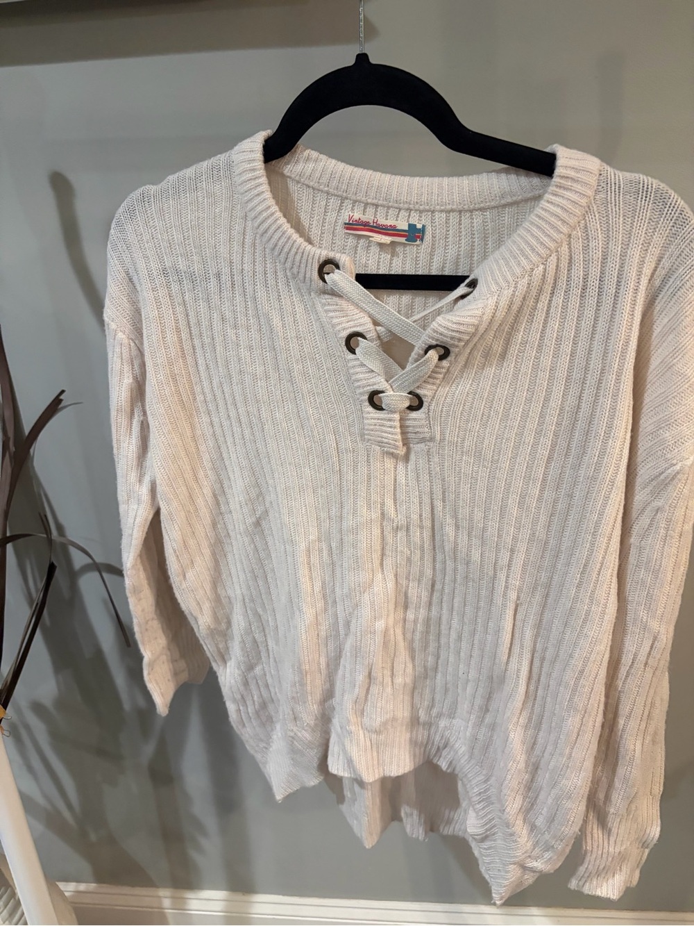 Vintage Havana Cream Ribbed Lace-Up Pullover size Large